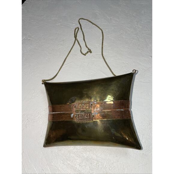 1930s Brass Pillow‎ Purse – Velvet Trim Vintage Art Deco Evening Bag - Picture 2 of 6